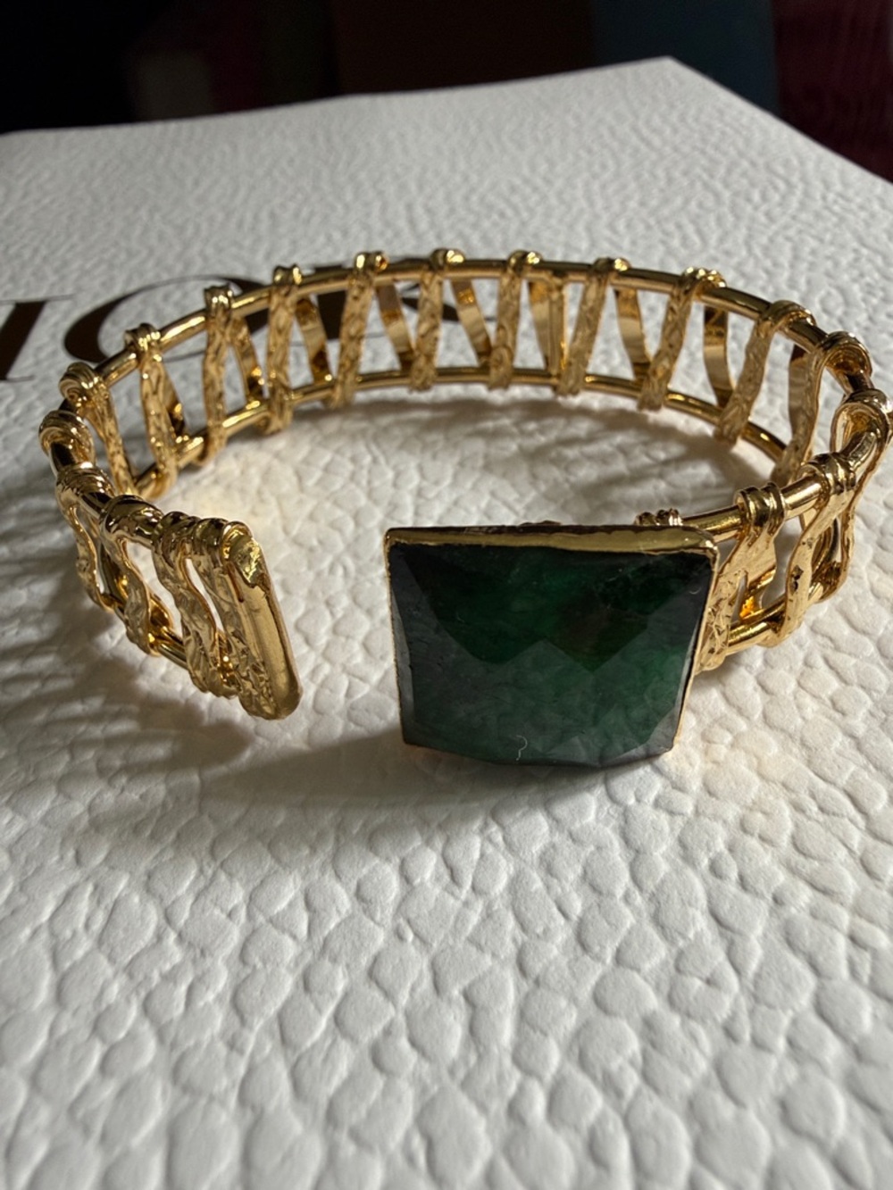 Gold Cuff Bracelet with Green Stone
